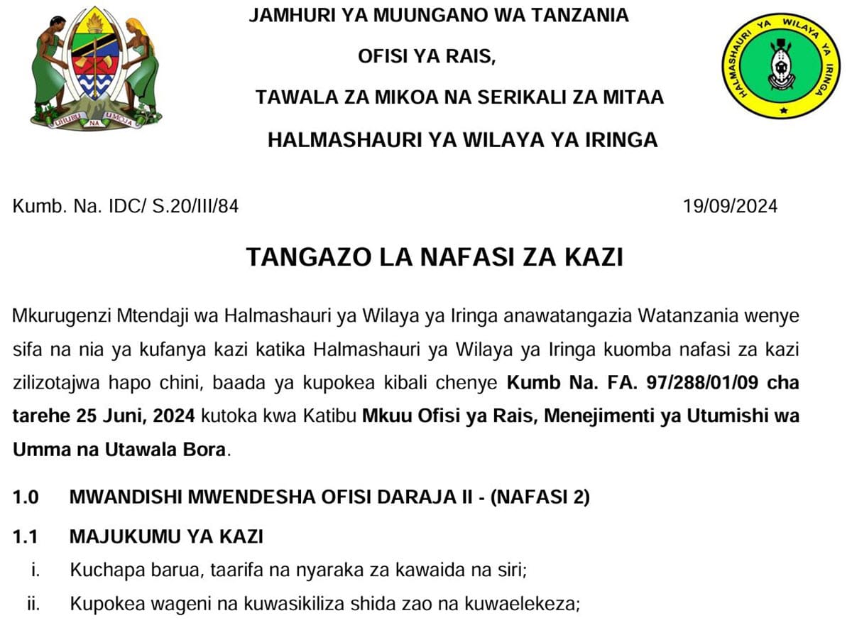 Nafasi Mpya za Kazi Halmashauri ya Wilaya ya Iringa September 2024