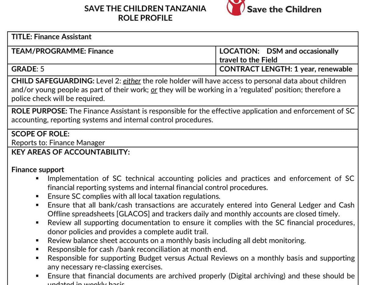 Nafasi za Kazi za Finance Assistant Kampuni ya Save The Children Tanzania