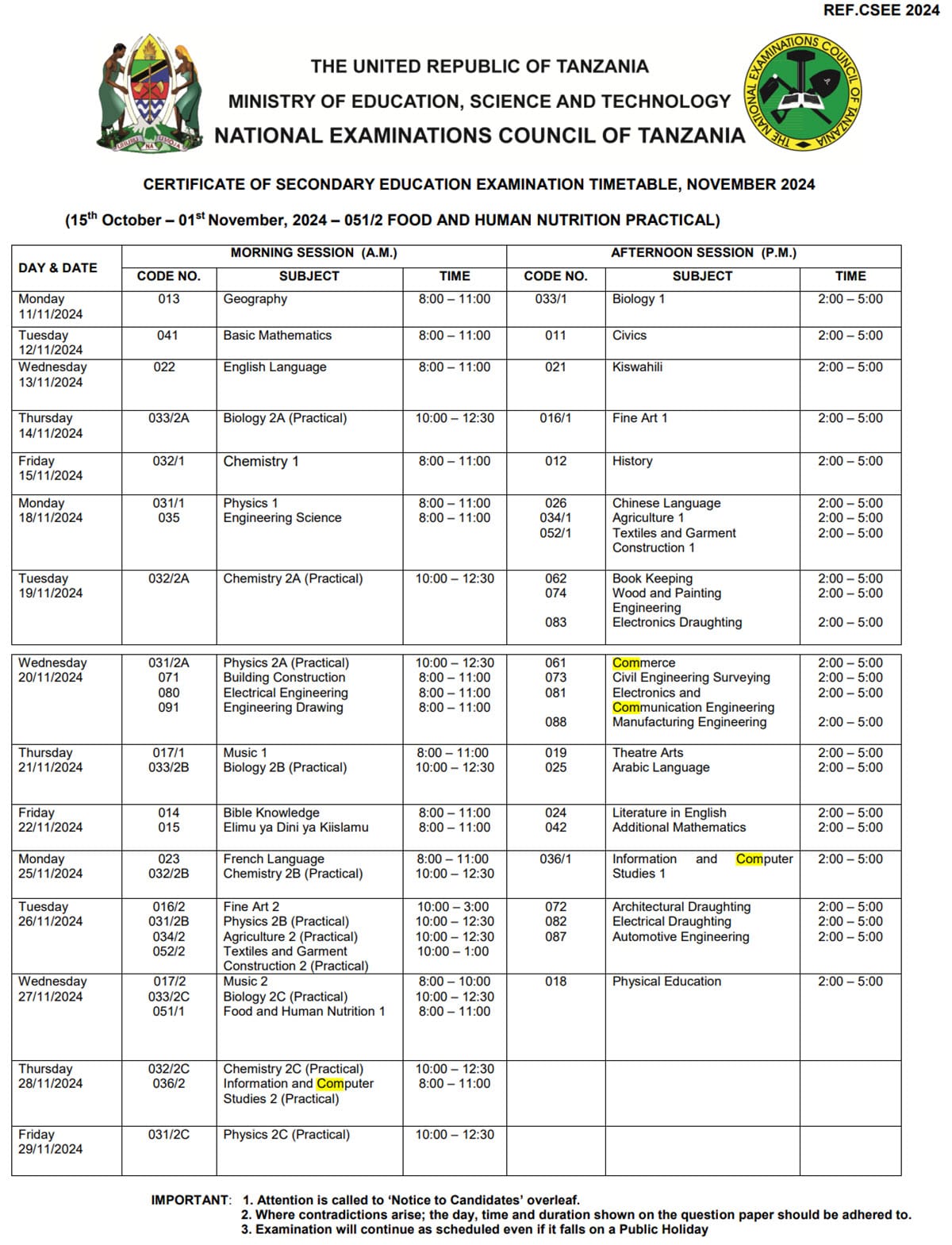 Ratiba ya Mtihani wa NECTA Kidato cha Nne 2024