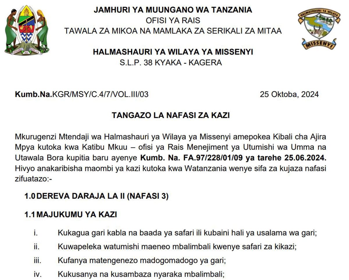 Nafasi 3 za Kazi ya Dereva Halmashauri ya Wilaya ya Missenyi | Mwisho 06 Novemba 2024