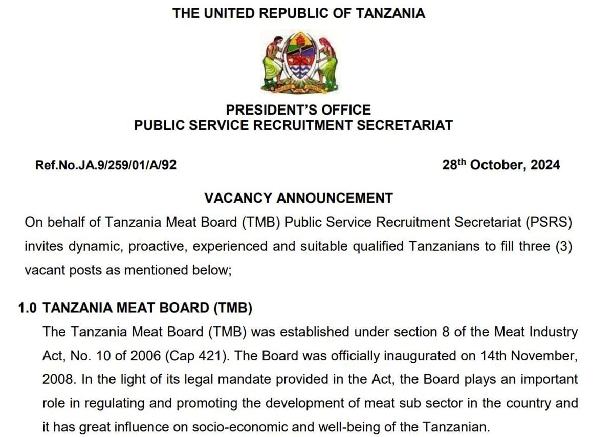 Nafasi Mpya Za Kazi Bodi Ya Nyama Tanzania (TMB) | Mwisho 10/11/2024