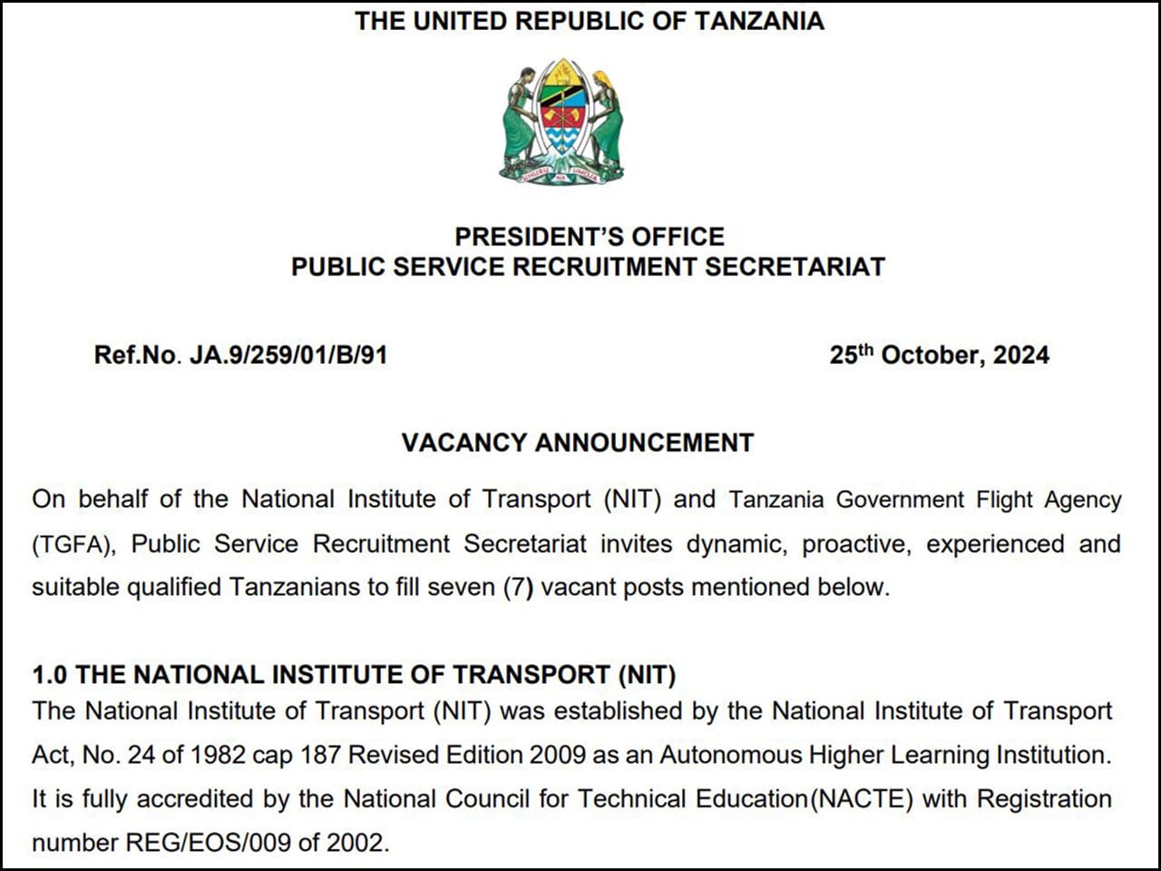 Nafasi Mpya za kazi Chuo cha Usafirishaji NIT October 2024