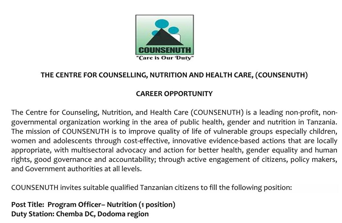 Nafasi ya Kazi COUNSENUTH, Program Officer– Nutrition (Mwisho Oct 6, 2024)