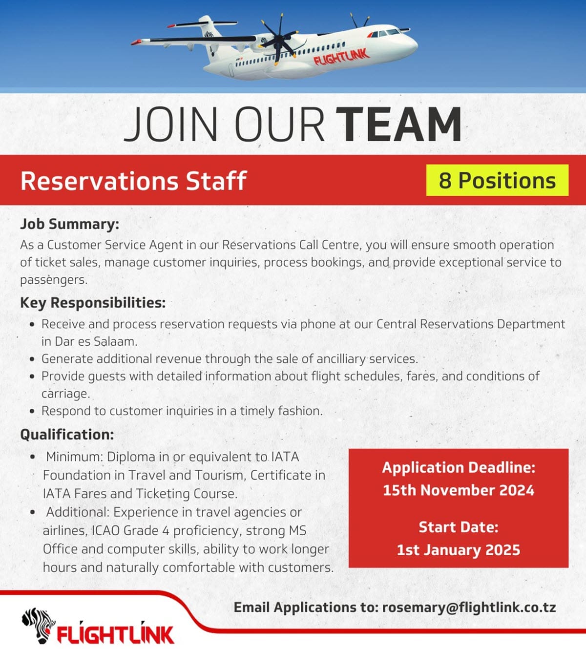 Nafasi za Kazi Flightlink Tanzania- Reservations Staffs (Mwisho Nov 15)