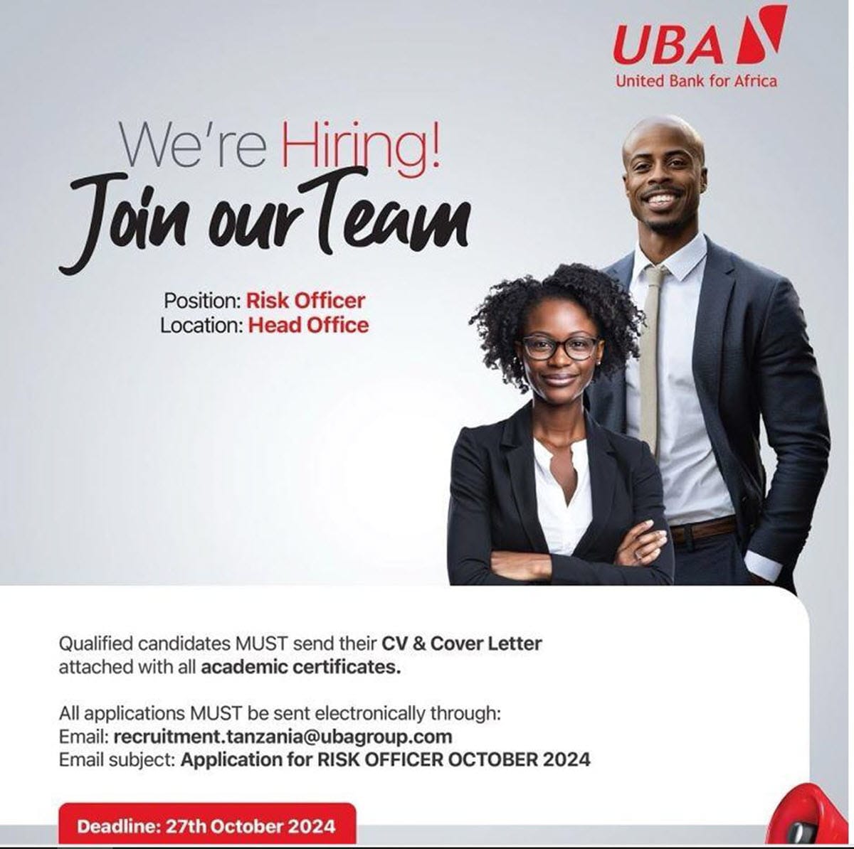 UBA Tanzania Yatangaza Nafasi za Kazi za Risk Officer- Tuma Maombi Kabla ya Oktoba 27