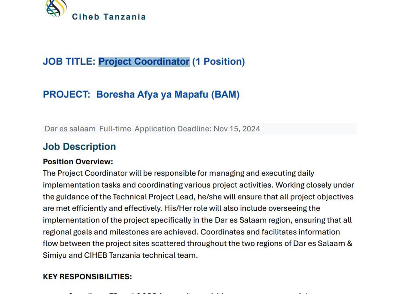 Nafasi Mpya Ya Ajira kampuni ya Ciheb Tanzania November 2024