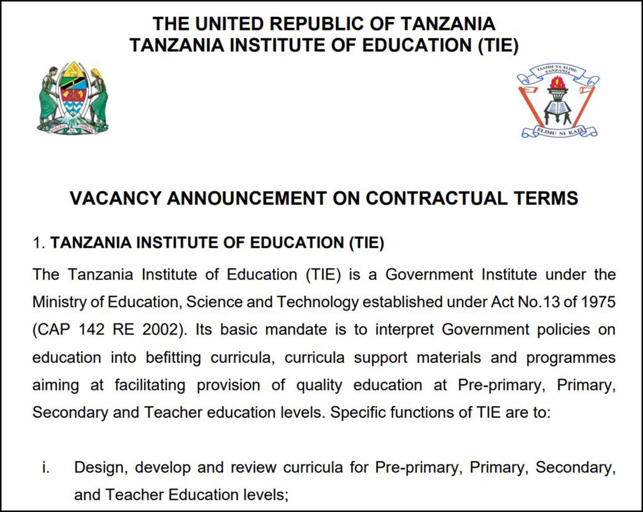 Nafasi Mpya Za Kazi Taasisi Ya Elimu Tanzania | Mwisho 15 November 2024