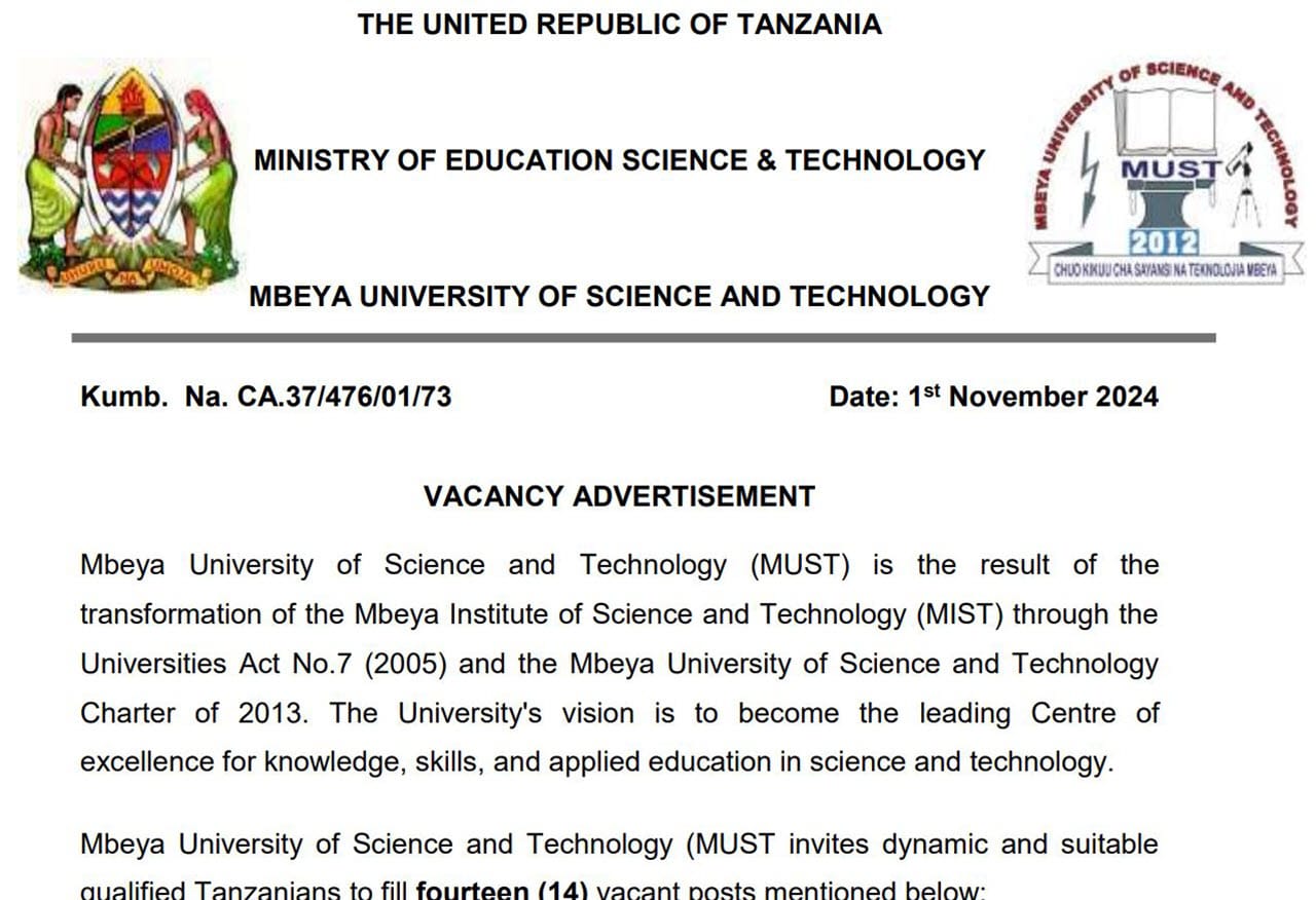 Nafasi Mpya Za Kazi Chuo Kikuu Cha Sayansi Na Teknolojia Mbeya (Must) November 2024