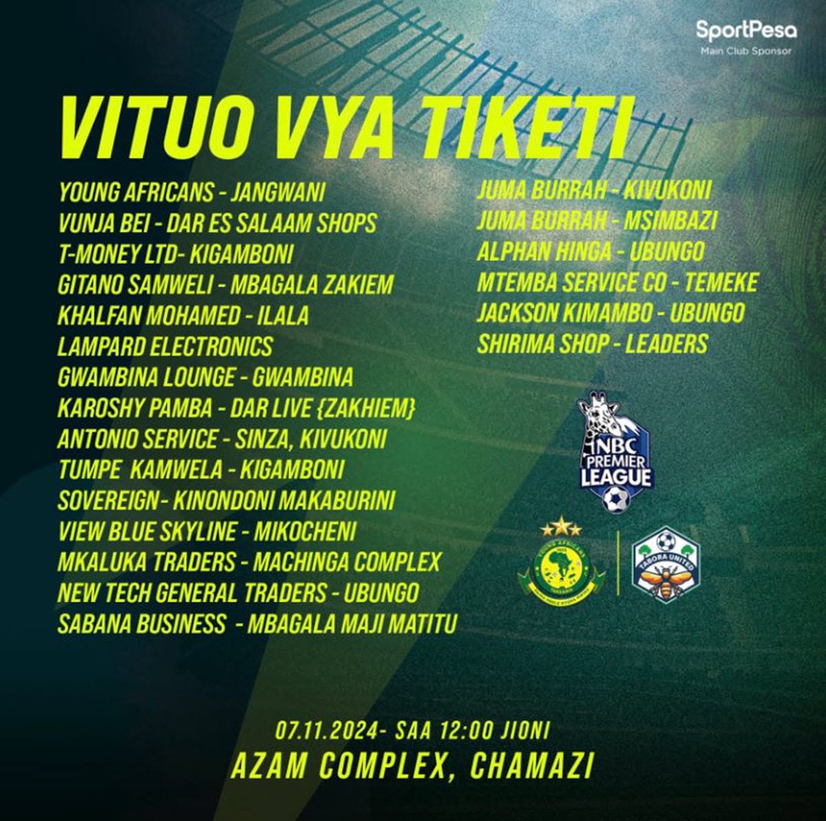 Hivi Hapa Vituo Vya Kununua Tiketi Mechi ya Yanga SC dhidi ya Tabora United - 07 Novemba 2024