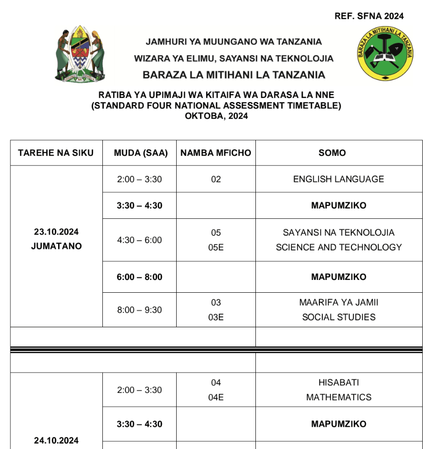Ratiba ya Mtihani Darasa la Nne 2025 SFNA Exam Timetable