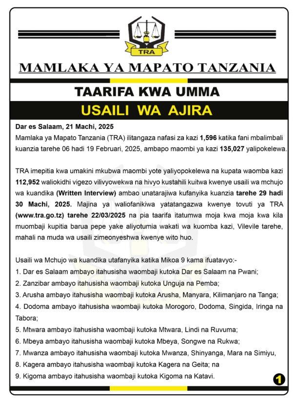 Majina ya Walioitwa Usaili TRA 2025 Kutangazwa Rasmi Machi 22