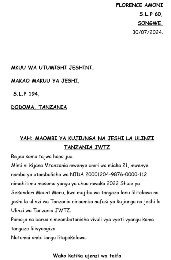 Mfano wa Barua ya Maombi ya Kajiunga na Jeshi la JWTZ