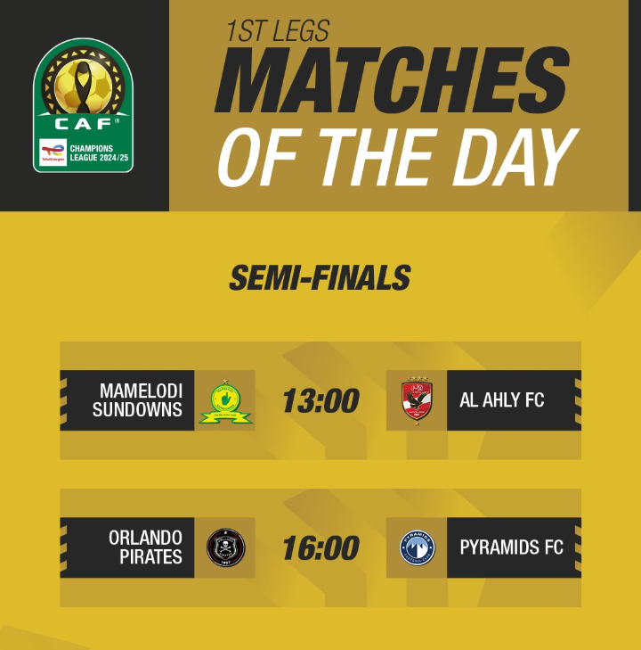 Nusu Fainali Ligi ya Mabingwa Afrika CAF Leo, Mamelodi Sundowns vs Al Ahly, Orlando Pirates vs Pyramids