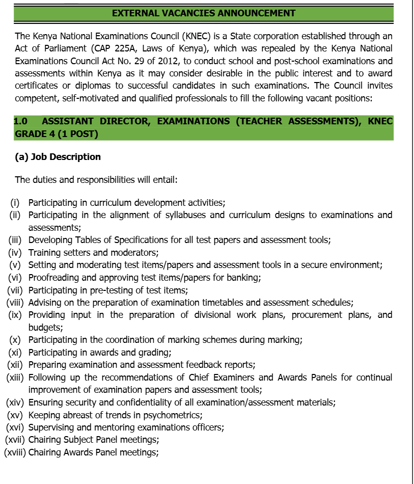 Nafasi ya Kazi KNEC 2025, Assistant Director, Examinations (Teacher Assessments) – KNEC Grade 4