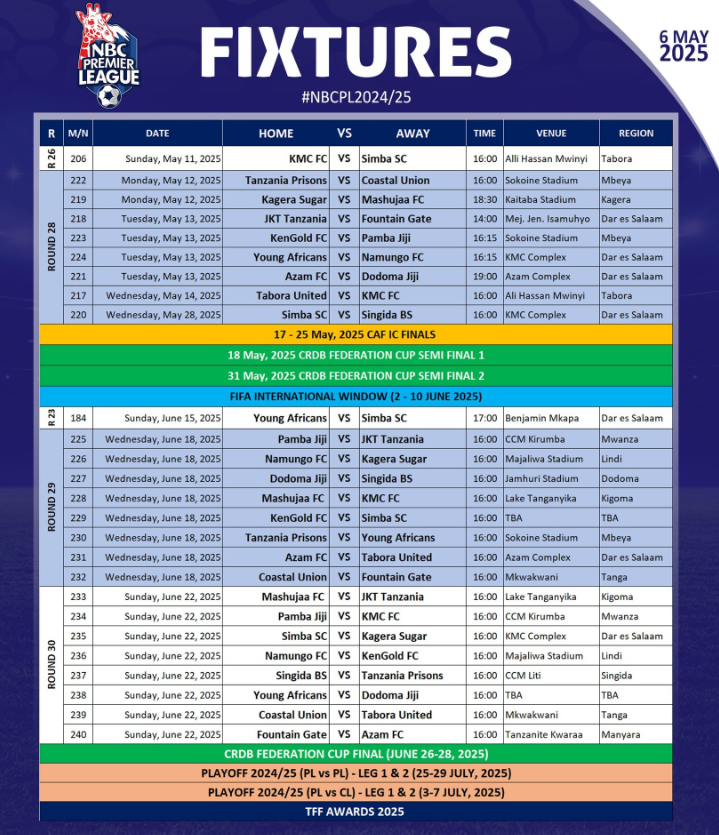 Ratiba NBC Premier League 2024/2025 na CRDB Federation Cup Mei na Juni