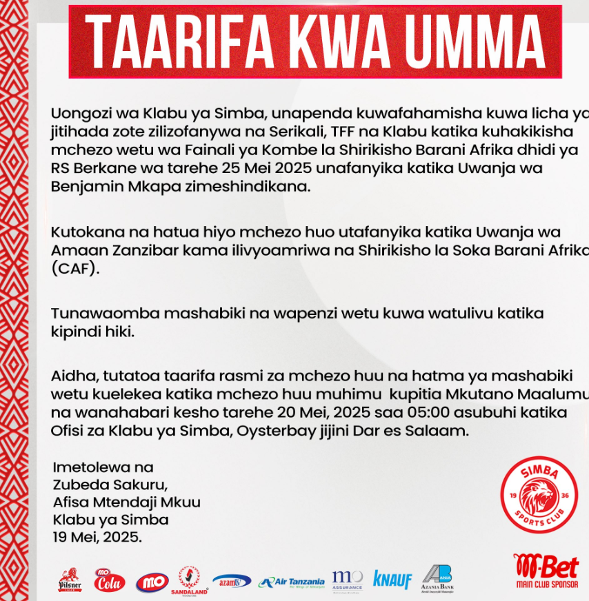 Mechi ya Simba vs RS Berkane Kupigwa Zanzibar Mei 25, 2025