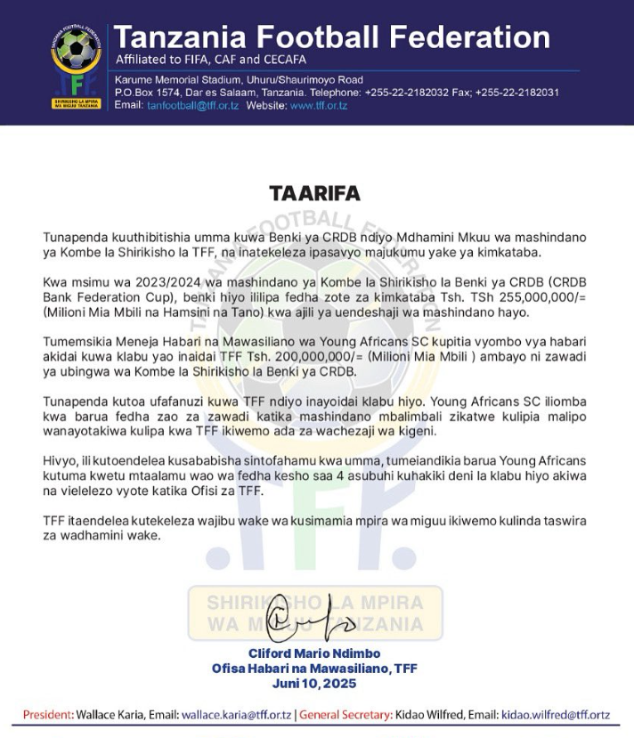 TFF Yakanusha Kudaiwa na Yanga Tsh 200 Milioni