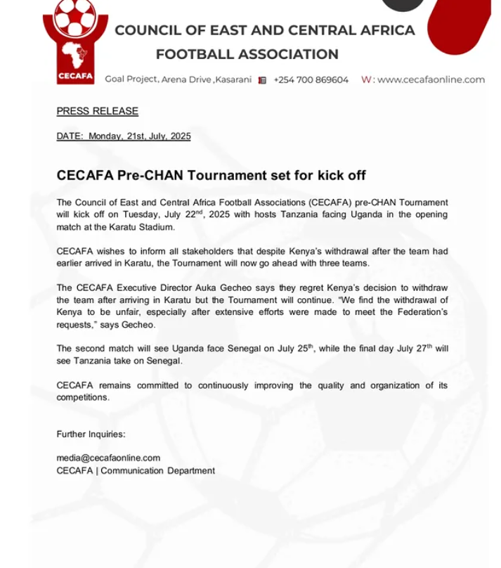 Kenya Yajiondoa CECAFA ya Arusha, Yarejea Kujiandaa na CHAN 2024