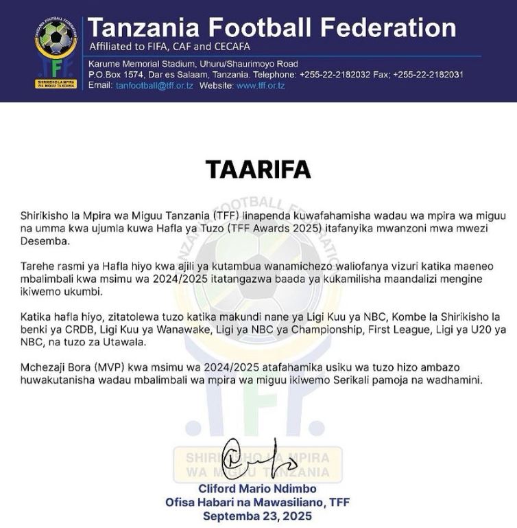 TFF Yatangaza Hafla ya Tuzo 2025 Kufanyika Desemba