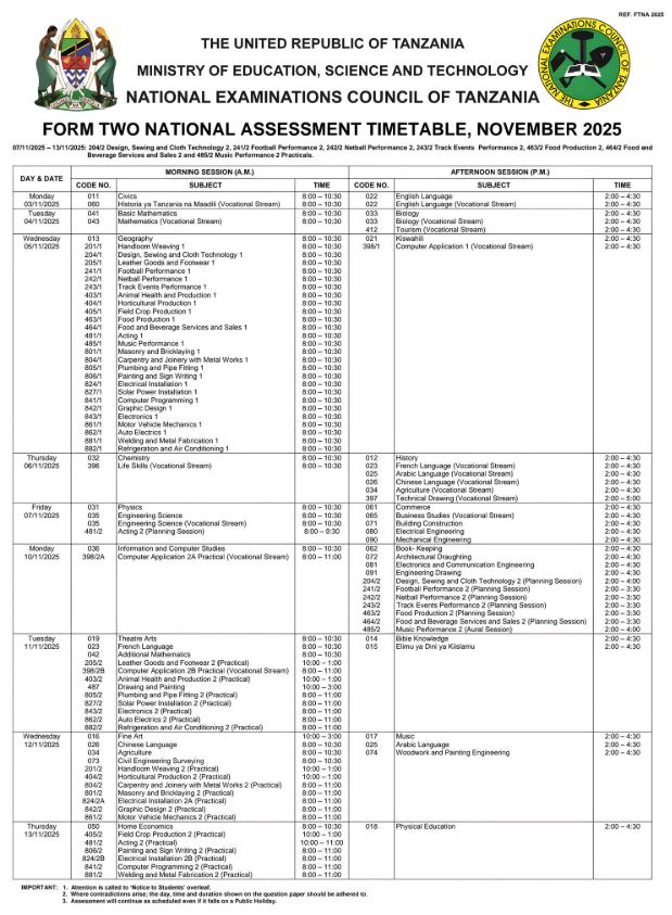 Ratiba ya Mtihani wa Taifa wa Kidato cha Pili 2025