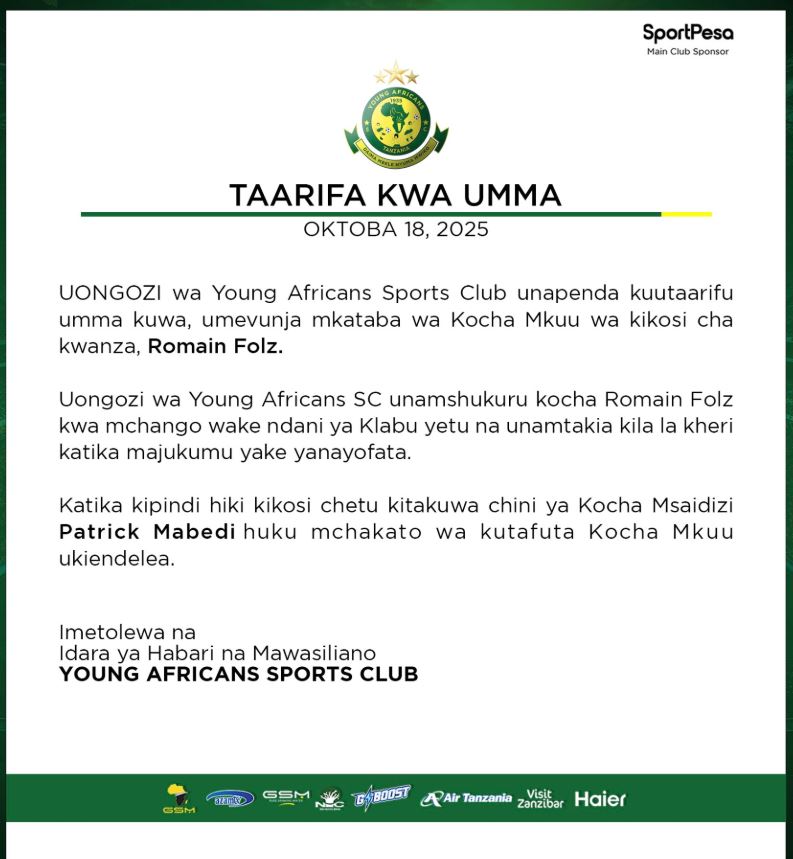 Yanga SC Yavunja Mkataba na Kocha Mkuu Romain Folz