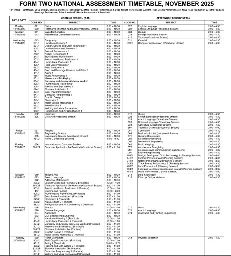 Ratiba ya Mtihani wa Kitaifa wa Kidato cha Pili 2025 FTNA
