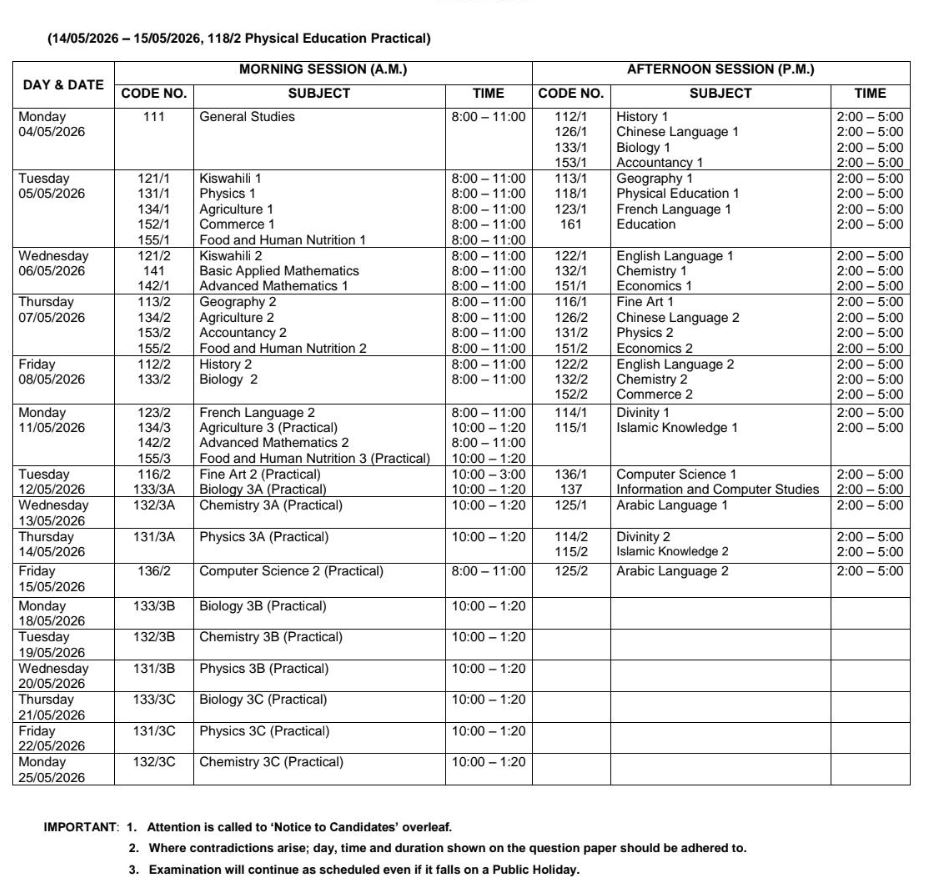 Ratiba ya Mtihani wa Kidato cha Sita ACSEE 2026